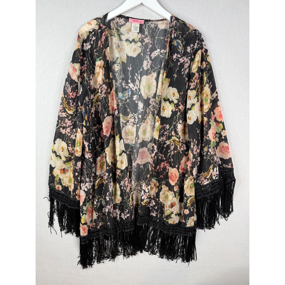 Lydia USA Fringe Kimono Women L Black Floral Bird Sheer Boho Whimsigoth Festival